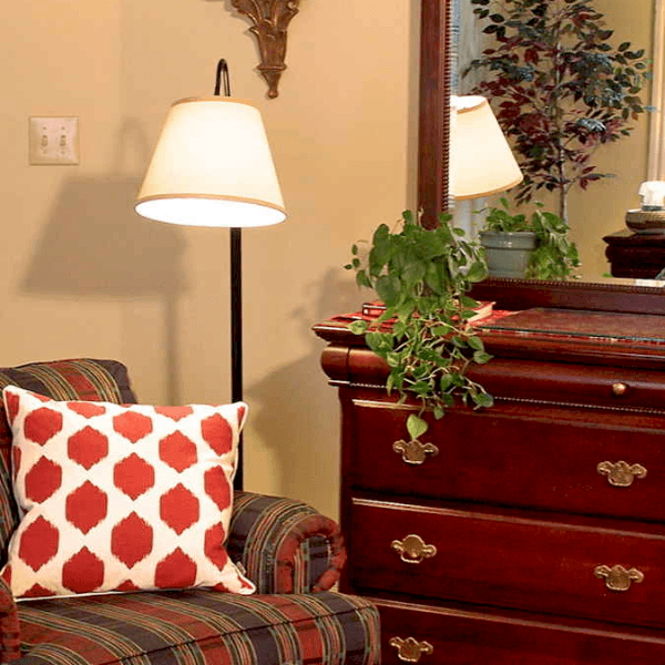 A cozy living room corner featuring a plaid armchair with a patterned pillow, a sleek floor lamp, and a wooden dresser adorned with plants and a mirror.