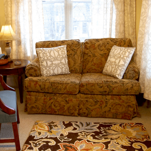 A floral-patterned couch with two decorative pillows is positioned in a cozy living room.