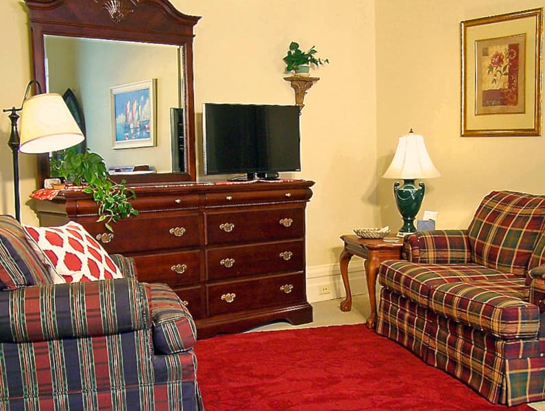 Cozy living room featuring plaid sofas, a wooden dresser with a TV, and decorative accents.